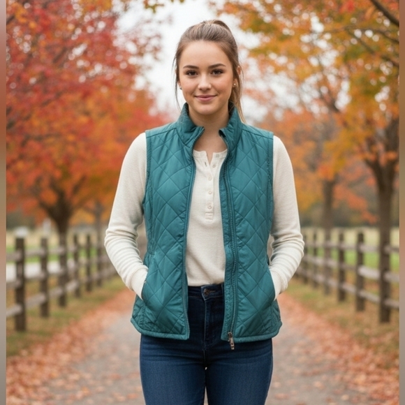 Bit & Bridle Tops - Bit & Bridle Quilted Vest Women Green Full Zip Pockets Size XS